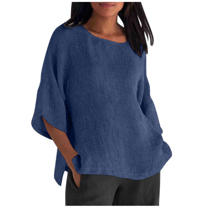Women's Linen Top Oversized 3/4 Sleeve Round Neck 25 Colors