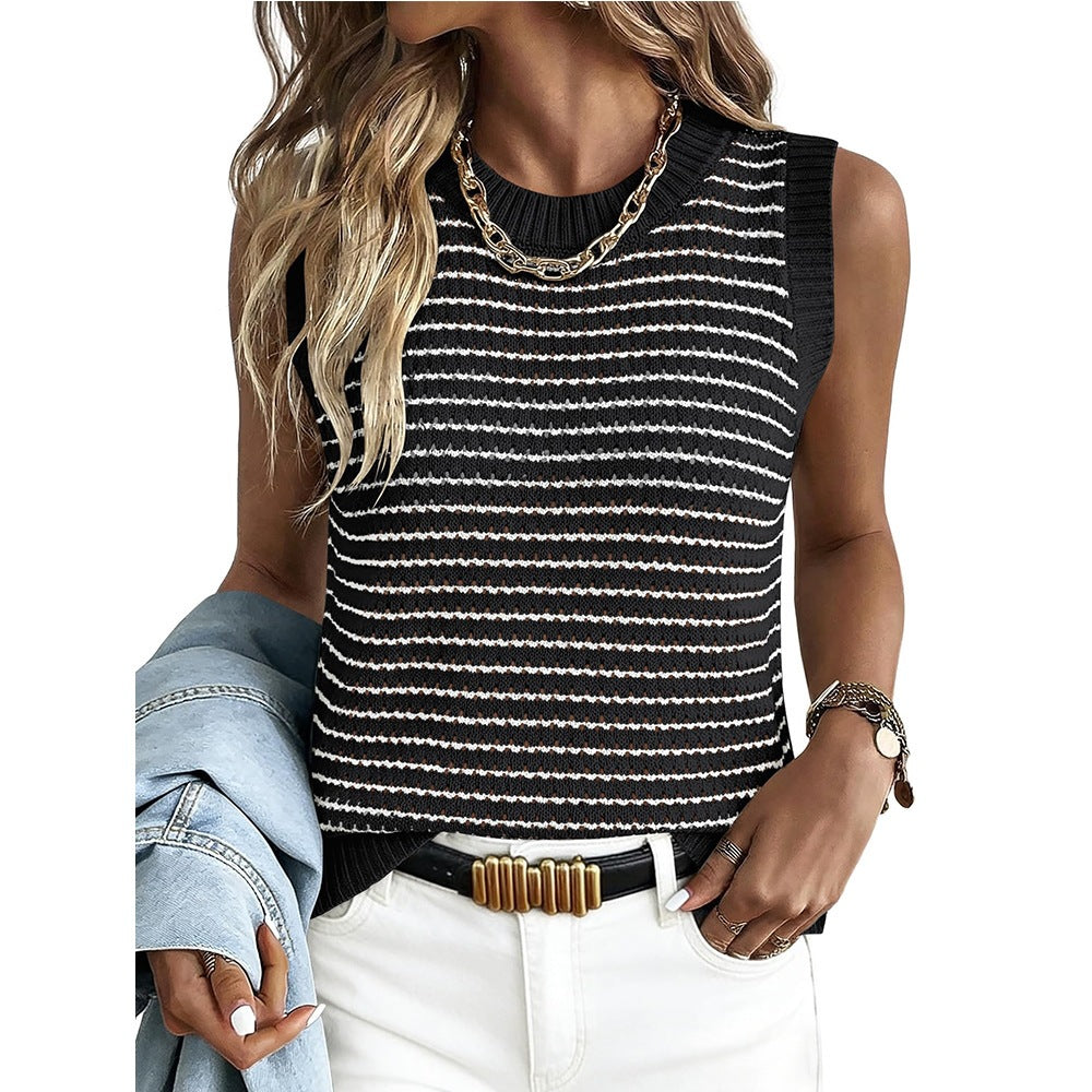 Striped Knit Sleeveless Tank Top Hollow Summer Sweater