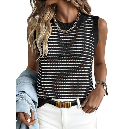Striped Knit Sleeveless Tank Top Hollow Summer Sweater
