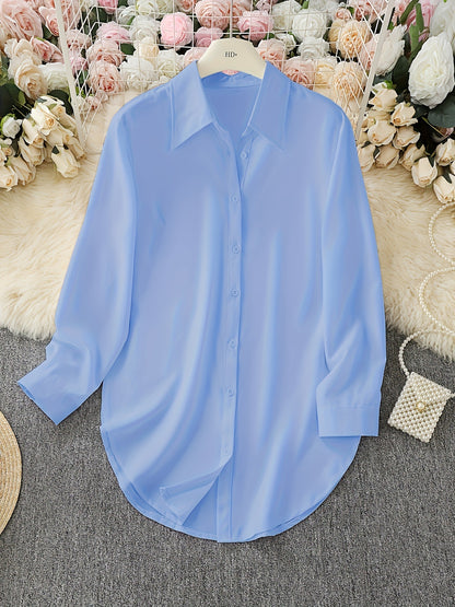 Women's Split Hem Long Sleeve Button Down Tunic Shirt
