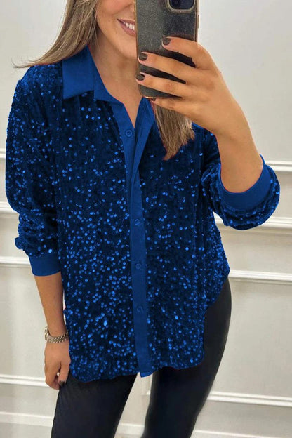 Sequin Button Down Shirt Long Sleeve Loose Casual Top