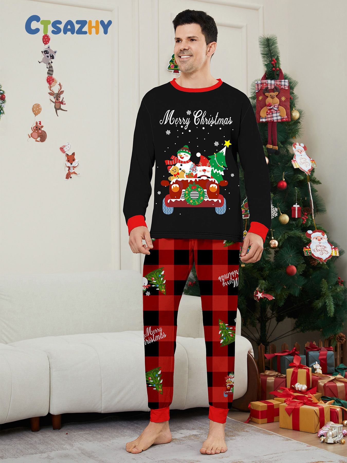 Parent-child Clothing Car Snowman Christmas Tree Print Loungewear Christmas Pajamas