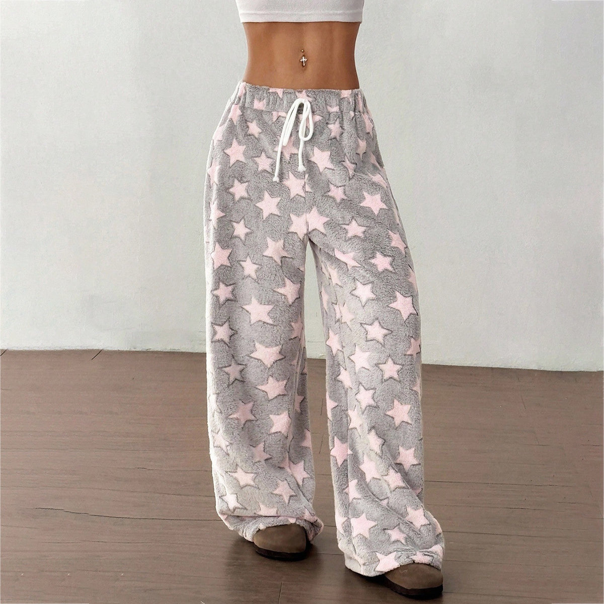 Fuzzy Star Print Wide Leg High Waist Lounge Pants