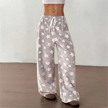 Fuzzy Star Print Wide Leg High Waist Lounge Pants