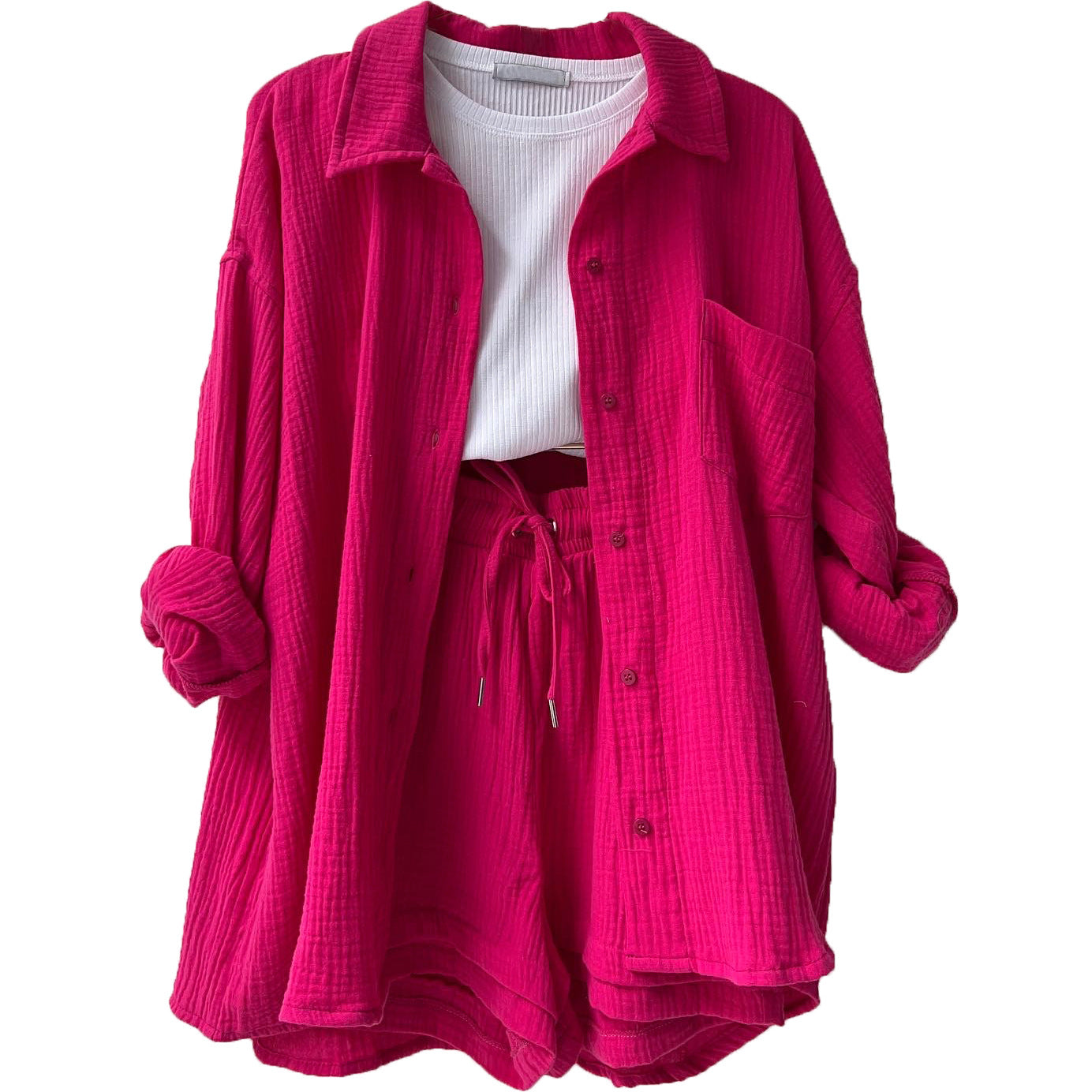 Women's Textured Shirt & Drawstring Shorts Matching Set