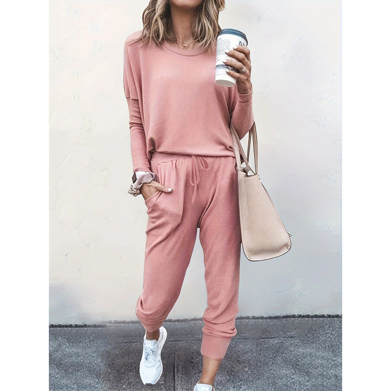 Womens Solid 2 Piece Lounge Set Long Sleeve Jogger Pants
