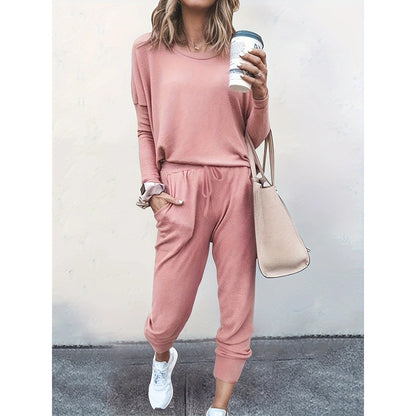 Womens Solid 2 Piece Lounge Set Long Sleeve Jogger Pants