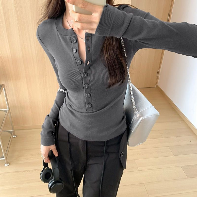 Women's Ribbed Long Sleeve Fitted Button Henley Top