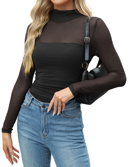 Y2K Mesh Semi-Turtleneck Long Sleeve Sexy T-Shirt