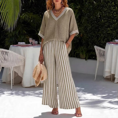 Women's Linen 2 Piece Set V Neck Top Striped Wide Leg Pants