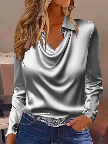 Women's Satin Cowl Neck Floral Long Sleeve Blouse