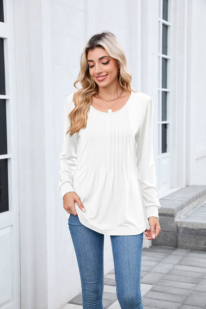 Women's Long Sleeve Pleated Tunic Top Loose Casual Blouse