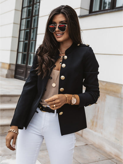 Women's Fitted Cropped Blazer Gold Button Long Sleeve