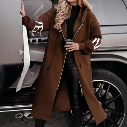Women's Long Hooded Coat Knit Sleeve Patchwork Jacket
