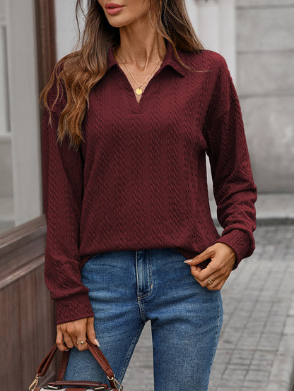 Women's Textured Collared Sweatshirt Long Sleeve Pullover