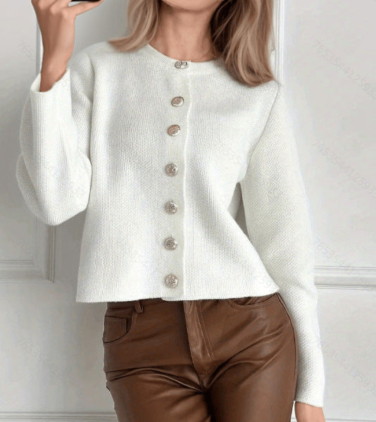 Women's Crew Neck Button Front Knit Cardigan Sweater