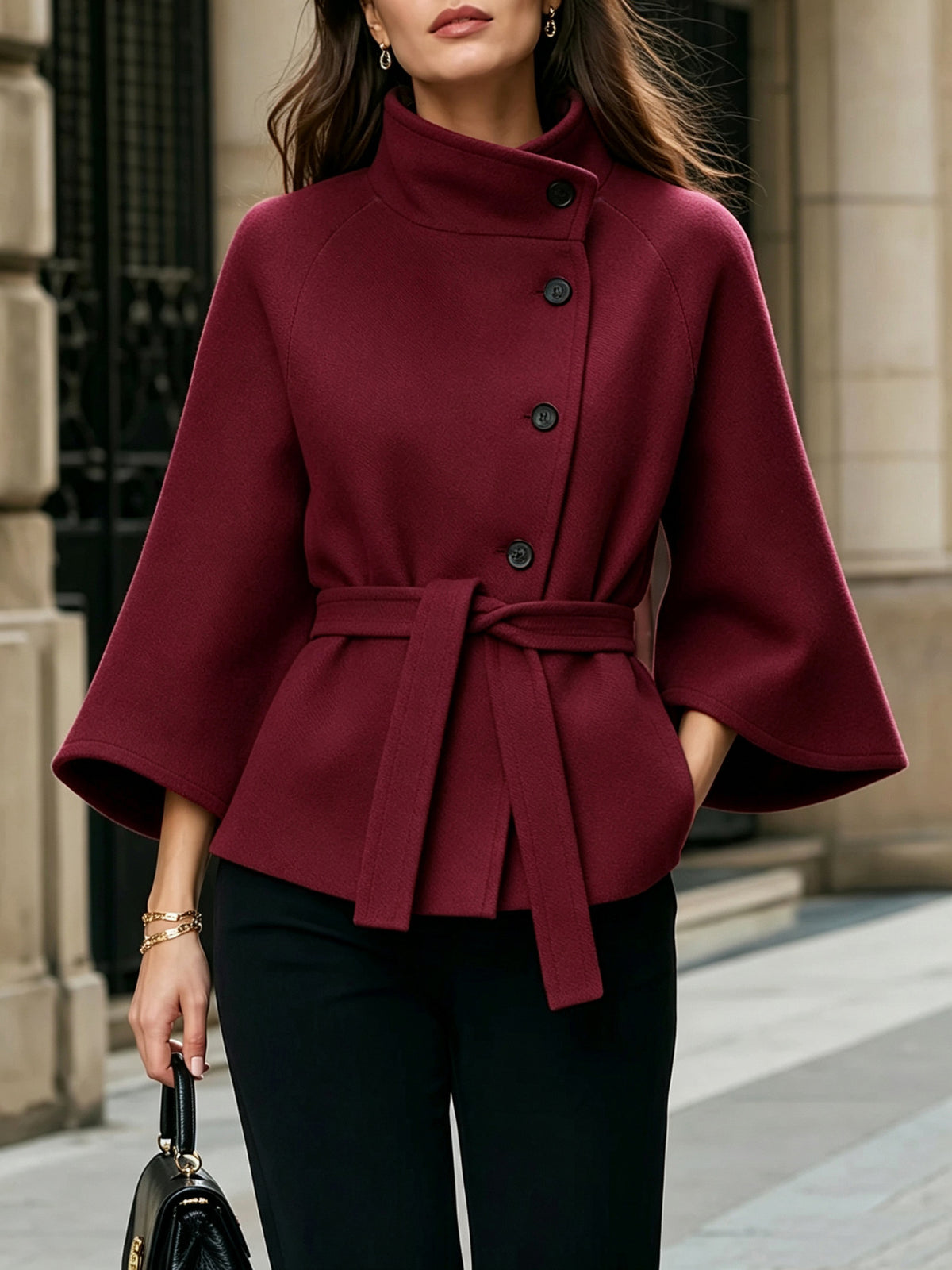 Women's Belted Wool Jacket Funnel Neck Flare Sleeve