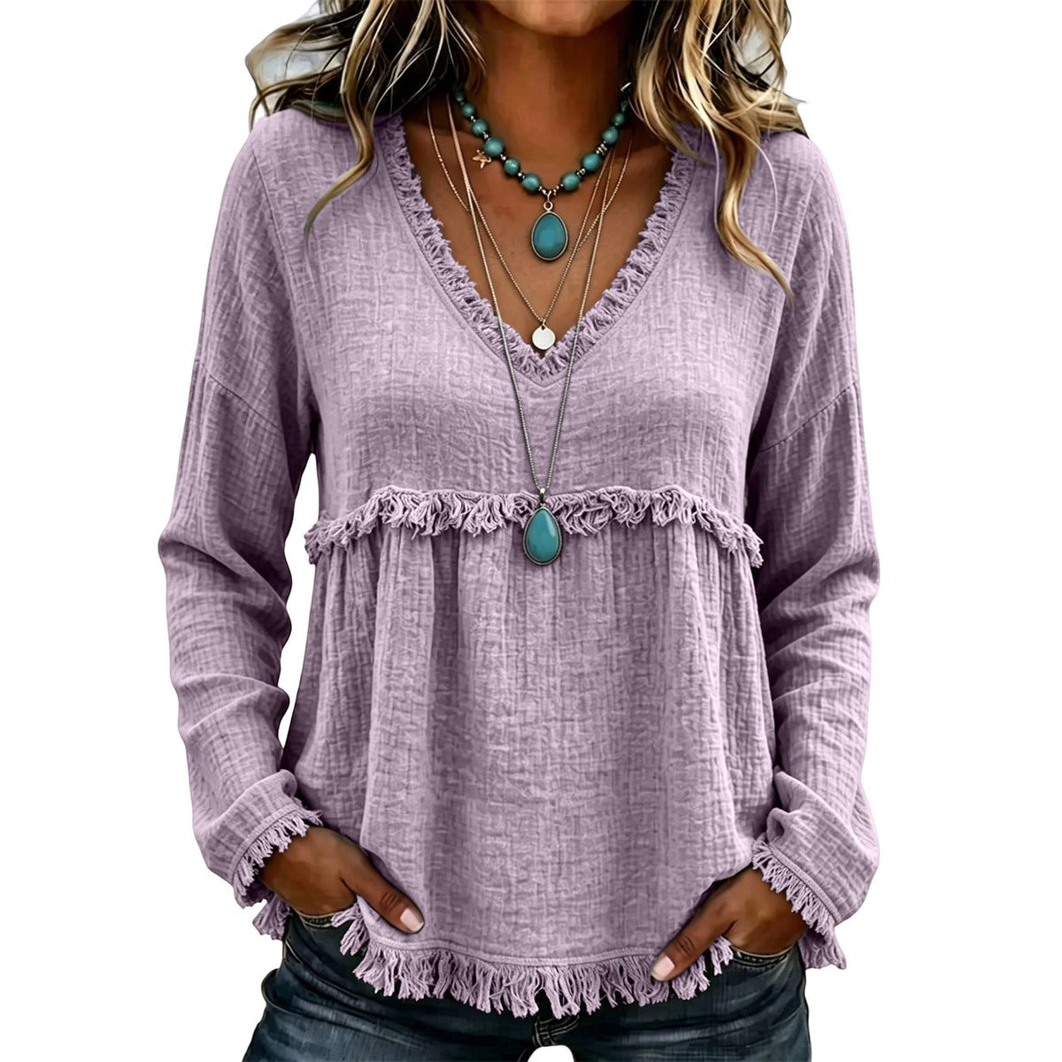Women's Boho Fringe V Neck Long Sleeve Casual Blouse
