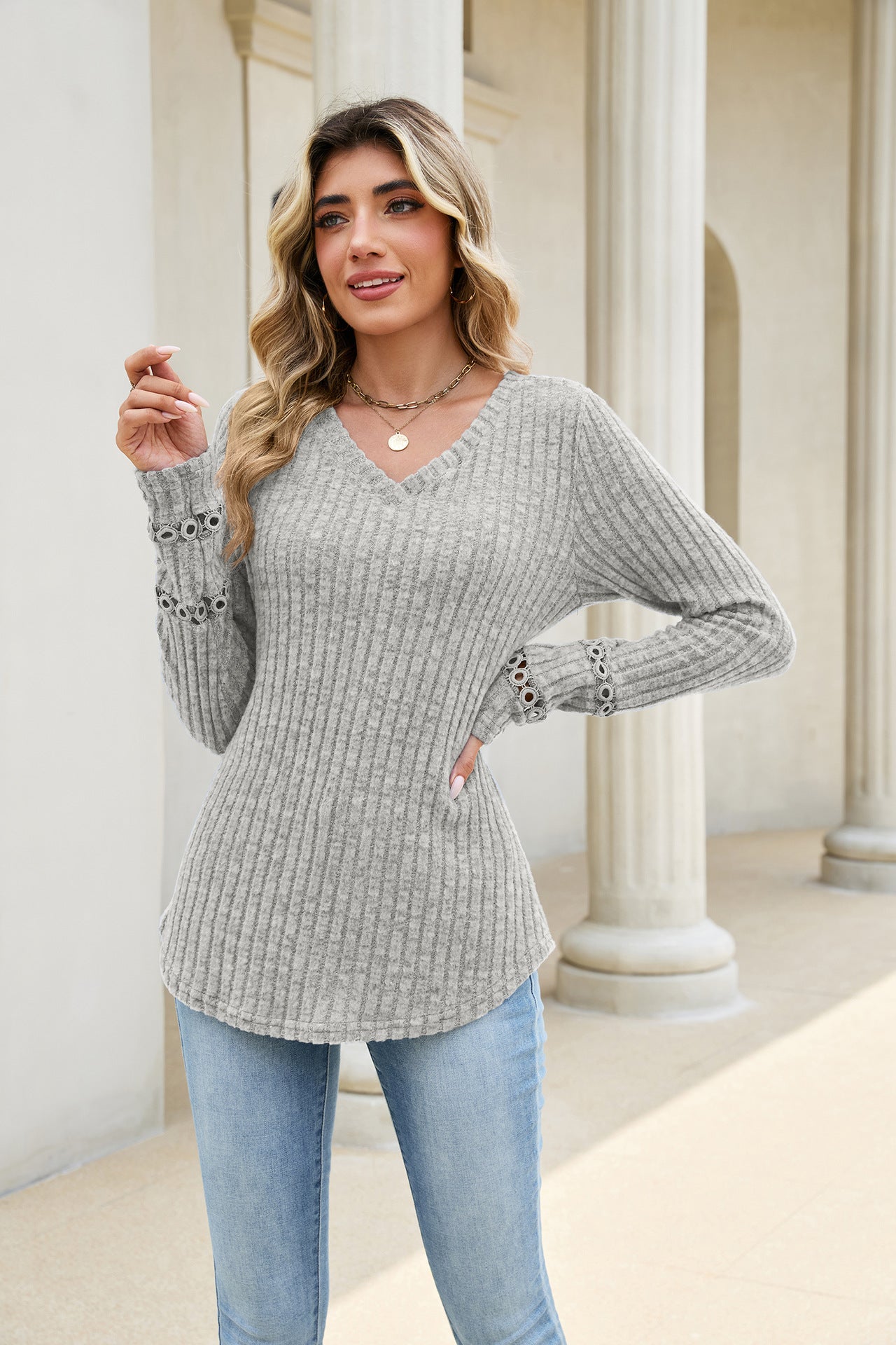 Solid V Neck Waffle Knit Top Lace Sleeve Pullover