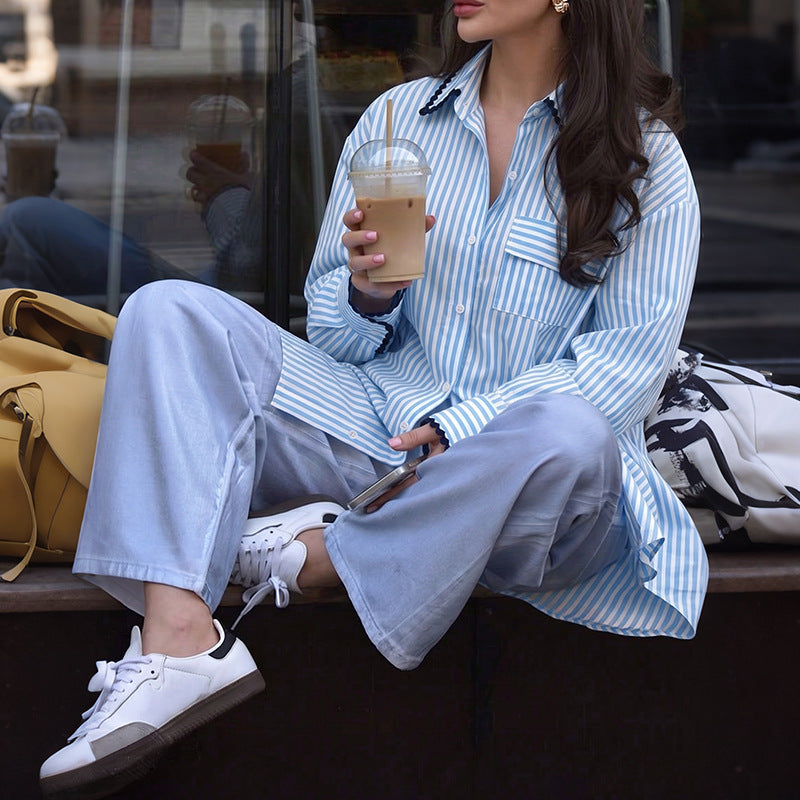 Blue Striped Oversized Button Down Shirt Long Sleeve
