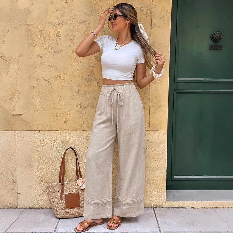 Summer Casual Straight-Leg Pants Elastic Waist Wide Leg Trousers