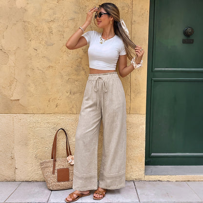 Summer Casual Straight-Leg Pants Elastic Waist Wide Leg Trousers