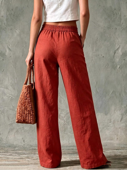 Women Cotton Linen High Waisted Wide Leg Casual Pants