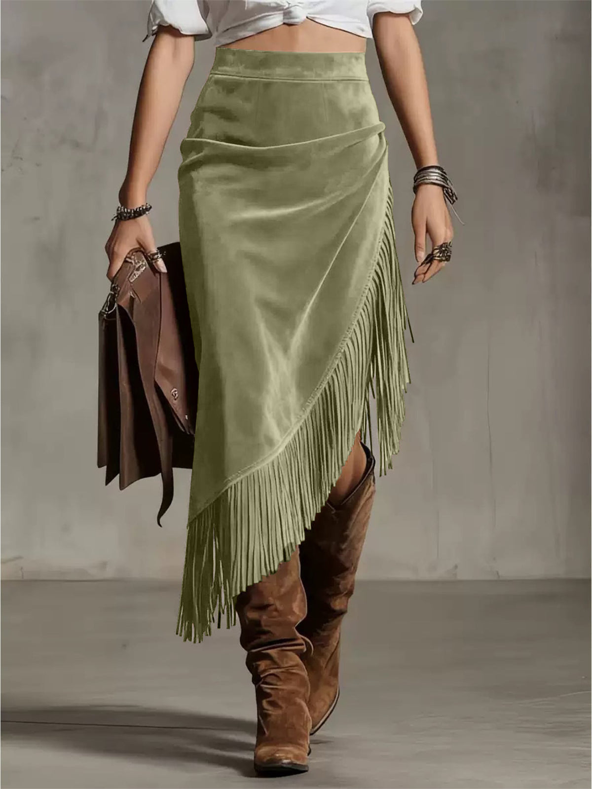 Western Fringe Faux Suede Midi Skirt Asymmetric