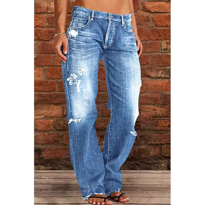 Women's Distressed Flare Jeans Vintage Wash Cotton Denim