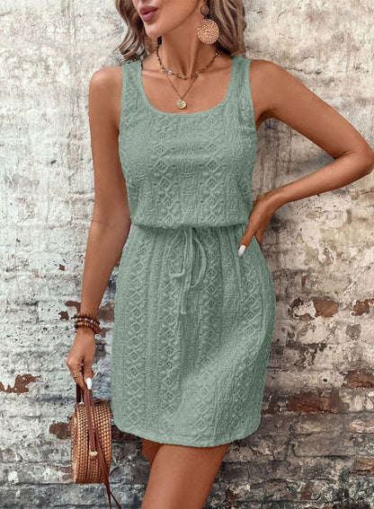 White Square Neck Drawstring Sleeveless Lace Dress
