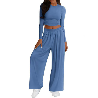 Womens Modal Crop Top Wide Leg Pants Two Piece Lounge Set
