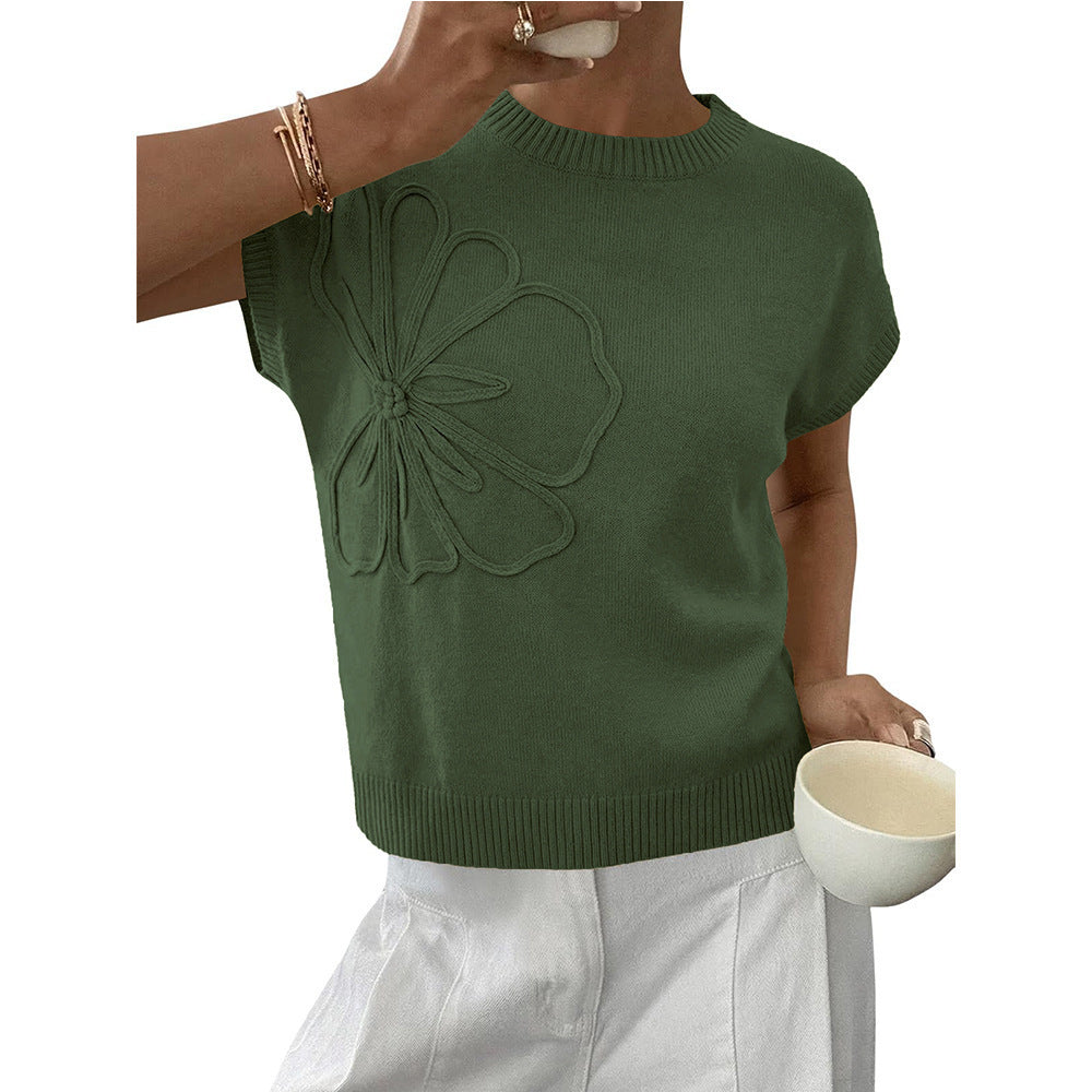 Floral Knit Sweater Short Sleeve Textured Summer Top