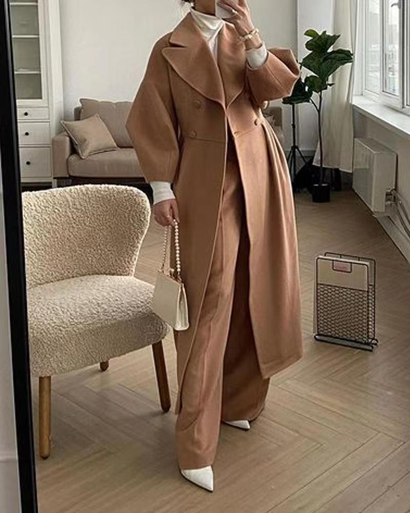 Women Wool Coat Double Breasted Balloon Sleeve Notch Lapel