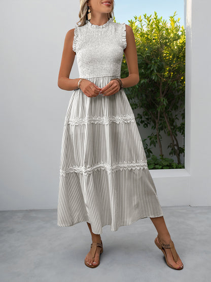 Sleeveless Striped Lace Midi Dress Ruffled A-Line Summer