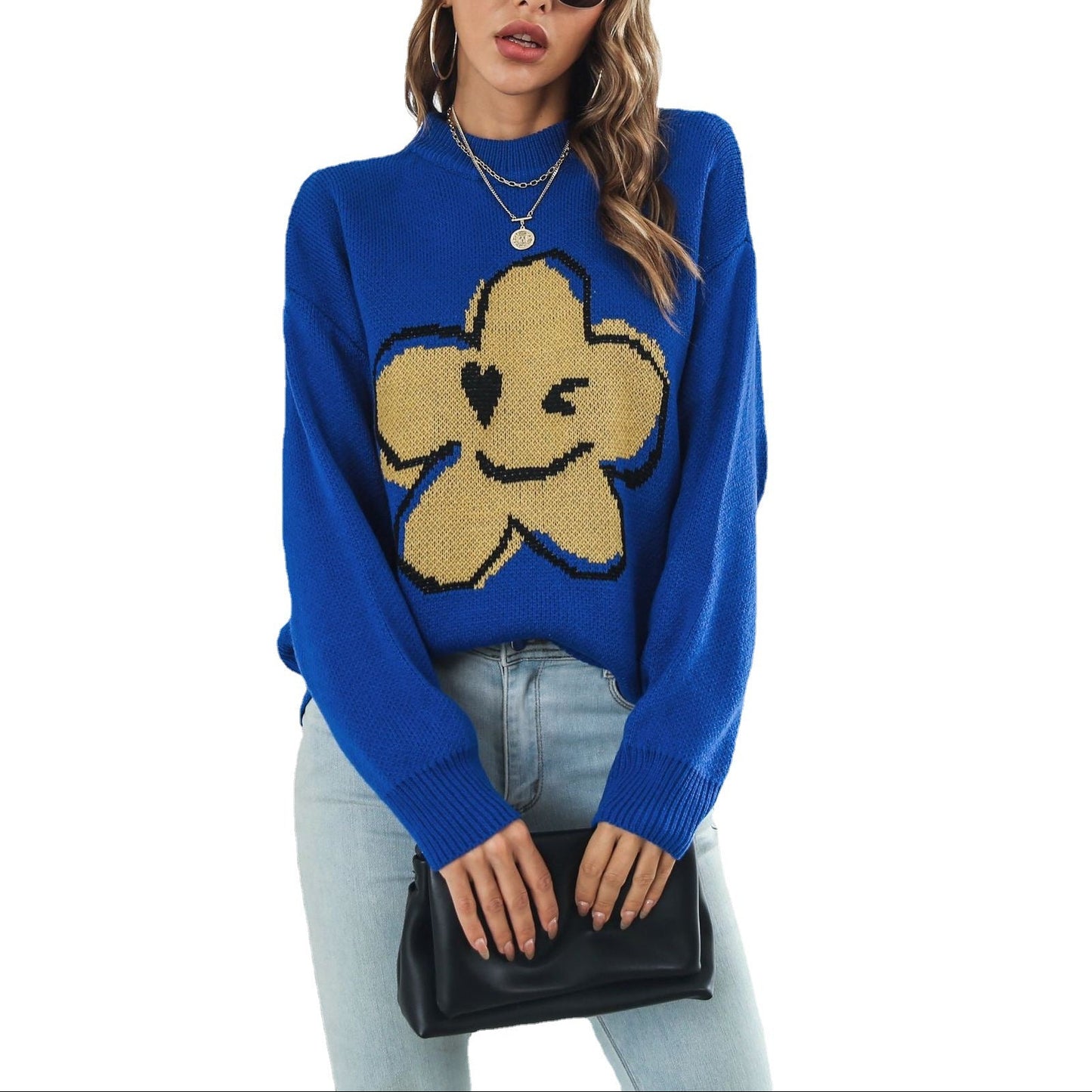 Cute Smiley Flower Oversized Crew Neck Knit Sweater
