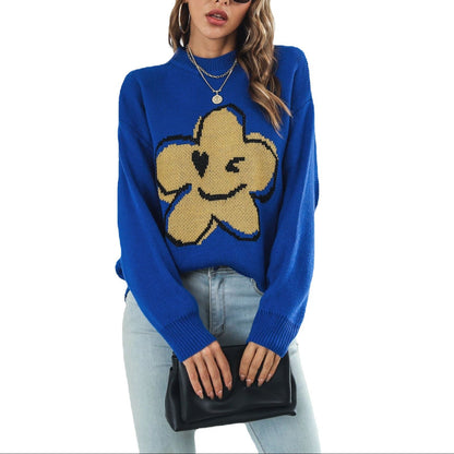 Cute Smiley Flower Oversized Crew Neck Knit Sweater