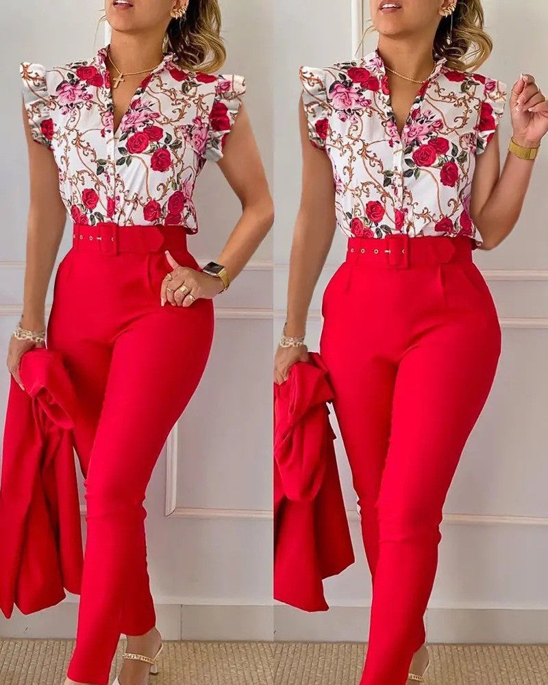 Floral Ruffle Sleeve Top & Belted Pants Two Piece Set