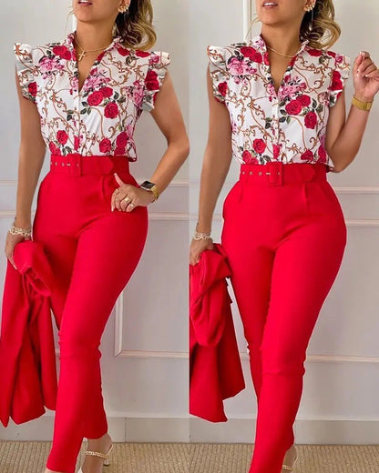 Floral Ruffle Sleeve Top & Belted Pants Two Piece Set