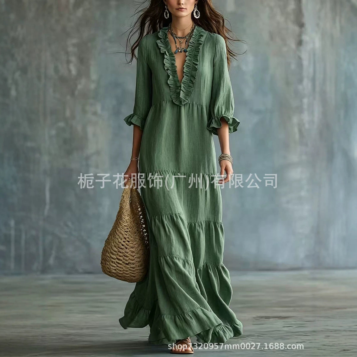 Women's Boho V-Neck Ruffle Tiered Maxi Dress Casual Summer
