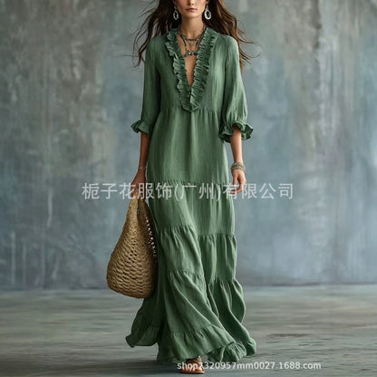 Women's Boho V-Neck Ruffle Tiered Maxi Dress Casual Summer