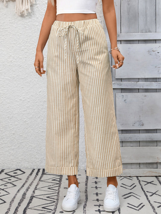 Striped High Waist Drawstring Wide Leg Pants