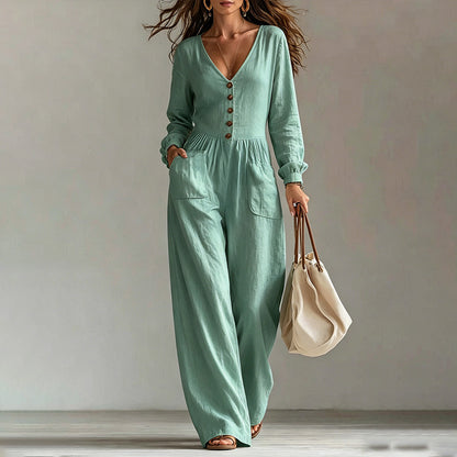Women's V-Neck Button Front Wide Leg Long Sleeve Jumpsuit