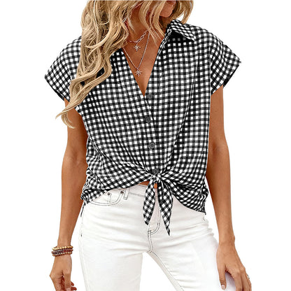 Gingham Button Down Short Sleeve Loose Fit Blouse