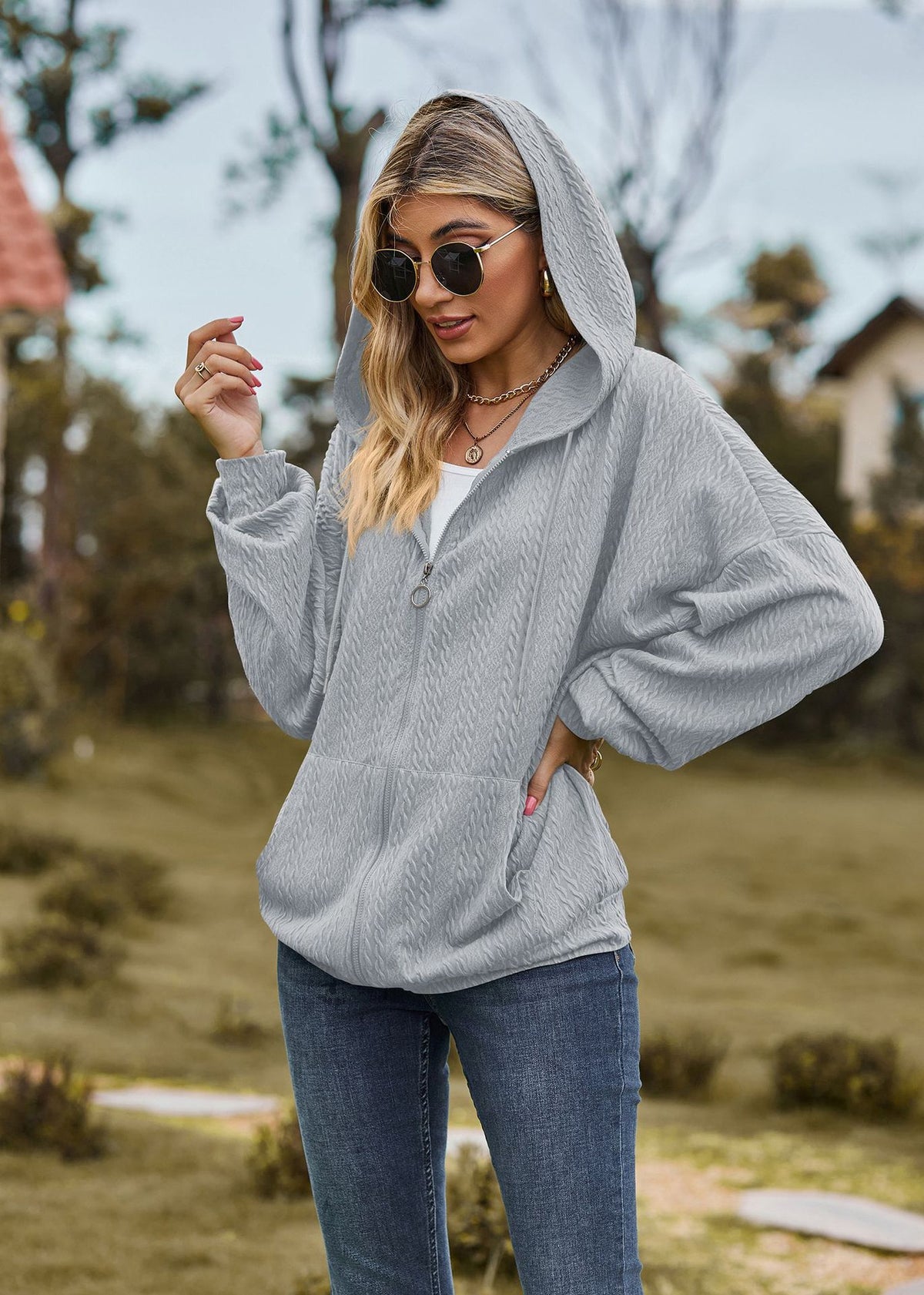 Oversized Textured Zip-Up Hoodie Jacket Pockets