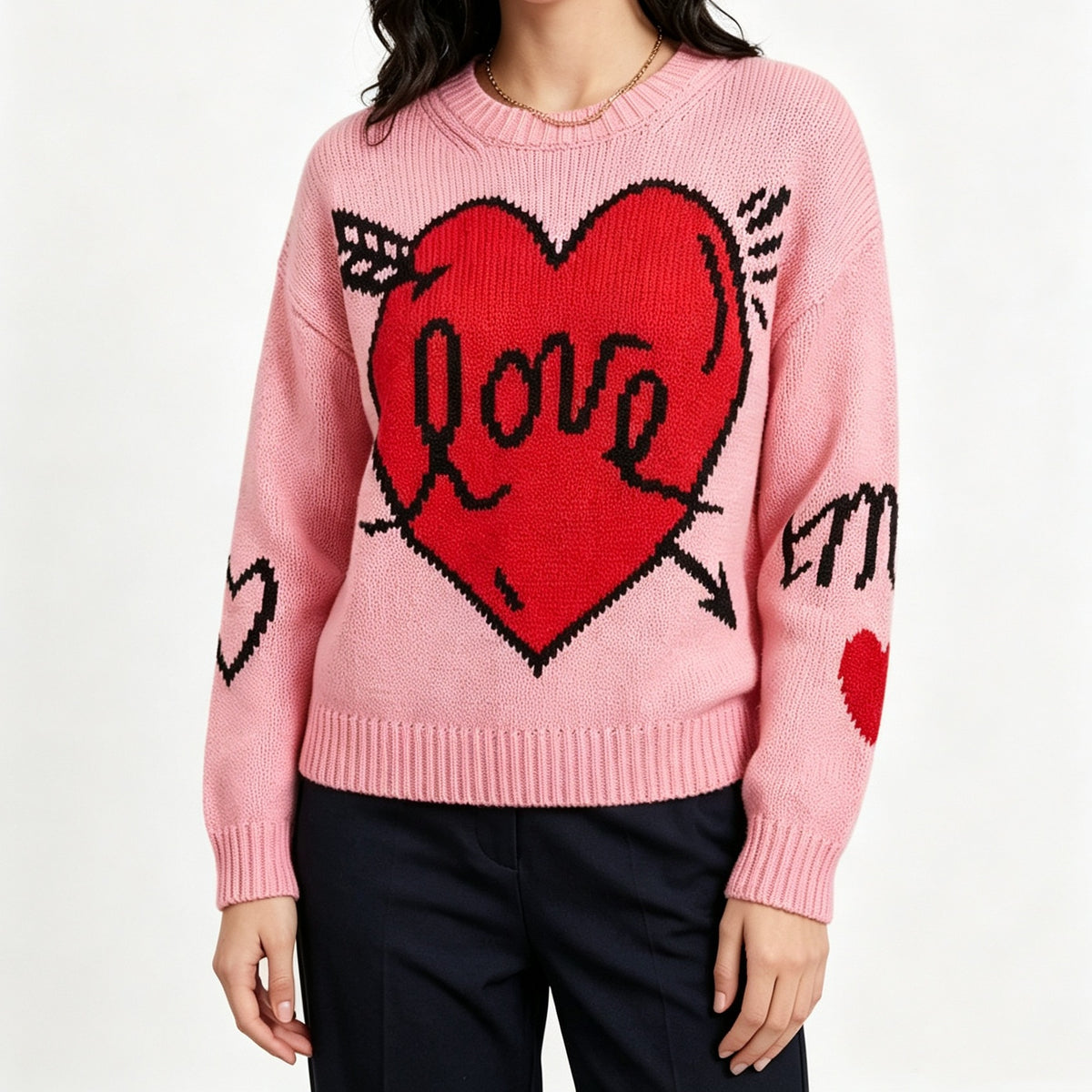 Women's Love Heart Crew Neck Knit Sweater Long Sleeve