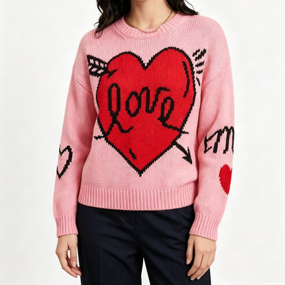Women's Love Heart Crew Neck Knit Sweater Long Sleeve