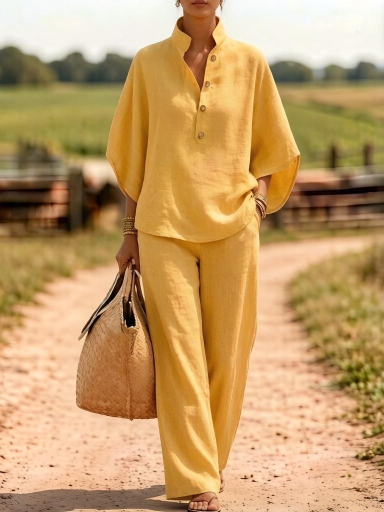Linen Button Front Top Wide Leg Pants Matching Set