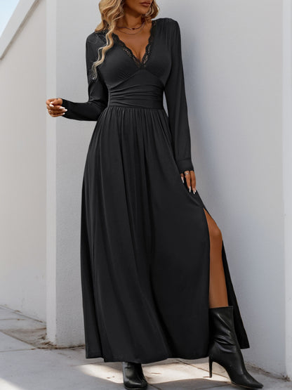 Lace V-Neck Long Sleeve Slit A-Line Maxi Dress