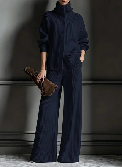 Women's Knit Turtleneck Cardigan Wide Leg Pants Set