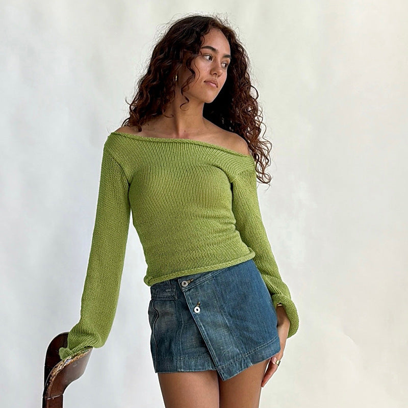 Women's Off Shoulder Ribbed Knit Top Long Sleeve Fitted
